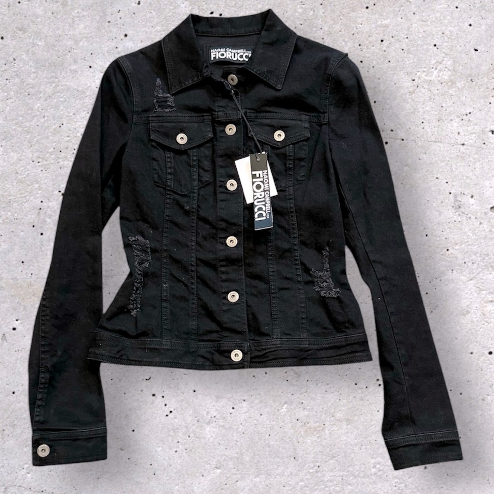 $550 Naomi Campbell by Fiorucci Black Distressed Denim Jacket NWT